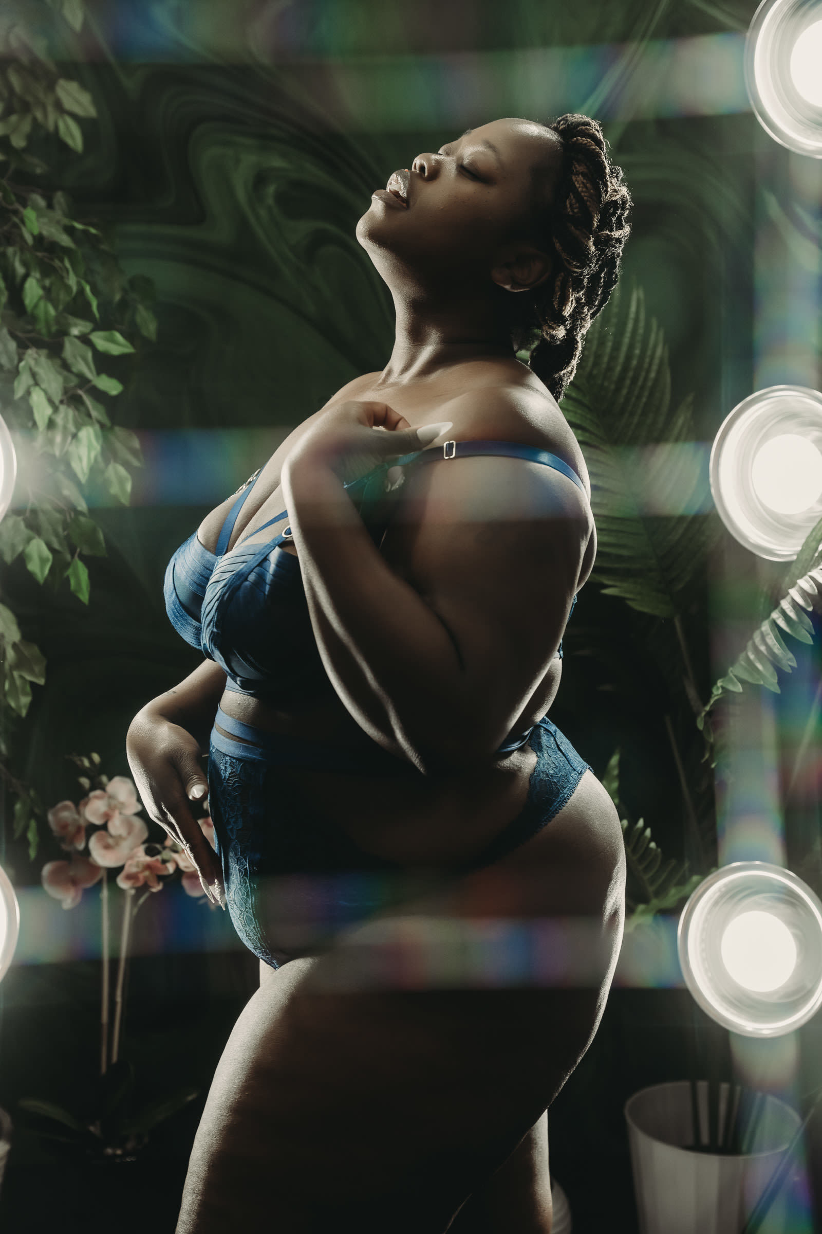 Woman standing in matching blue lingerie set. Photo by Embodied Art Boudoir, boudoir posing, boudoir inspiration, plus size photography, plus size boudoir, plus size glamour, plus size posing, plus size outfits, fat boudoir, fat empowerment, body positivity, fat positive, body positive, body confidence, body empowerment, haes, colorado boudoir, denver boudoir