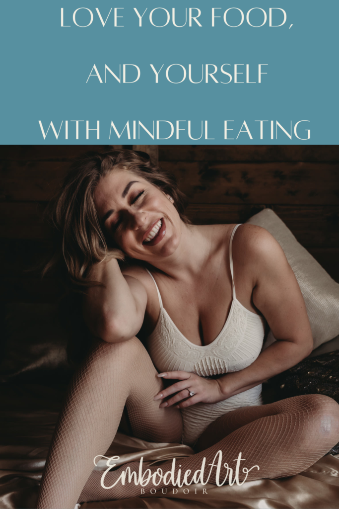 Woman sitting on bed, laughing joyfully wearing matching white body suit and white fishnets. Photo by Embodied Art Boudoir. A healthy relationship with food, mindful eating, love your food, non-judgemental, food freedom, anti-diet, self-compassion, mindfulness, self-love, dietary needs, slow down, appreciate food, appreciate life, colorado boudoir, denver boudoir, boulder boudoir, colorado springs boudoir, boudoir ideas, boudoir poses, boudoir inspiration