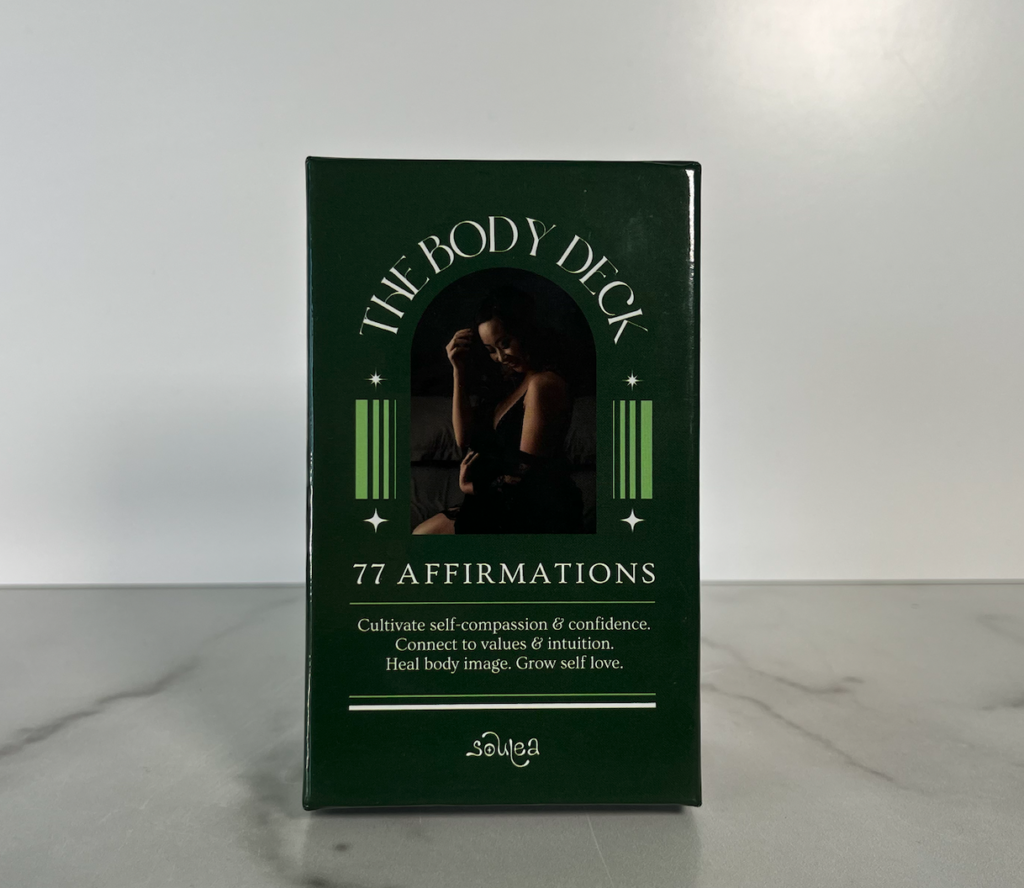 Green box product of The Body Deck. Photo by Embodied Art Boudoir. Affirmations, Affirmation Cards, mindfulness, confidence, self love, self love journey, affirmation practice, daily routine, self care routine, self care, female empowerment, self confidence, self worth, the body deck, connection, shop online, cards, body positivity, boudoir photoshoot, colorado boudoir, denver boudoir, boulder boudoir, colorado springs boudoir, boudoir inspiration, photography inspiration