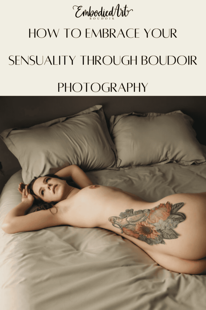 Woman lying nude on the bed showcasing her tattoo. Photo by Embodied Art Boudoir. Embrace sensuality, sensual, wellness, connection, embodied, desires, five senses, connected, imperfectly perfect, body journey, body love, colorado boudoir, denver boudoir, boulder boudoir, colorado springs boudoir, boudoir ideas, boudoir poses, boudoir inspiration, photography inspiration