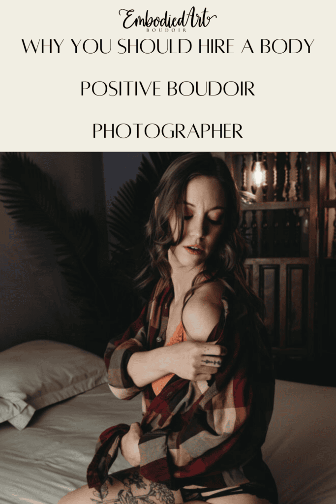 Female sitting on her knees, looking down wearing an orange bra and a plaid shirt. Photo by Embodied Art Boudoir. Body positivity, body neutrality, female photographer, self acceptance, body journey, gratitude, self-love, self-growth, boudoir photoshoot, colorado boudoir, denver boudoir, boulder boudoir, colorado springs boudoir, boudoir ideas, boudoir poses, boudoir inspiration, photography inspiration