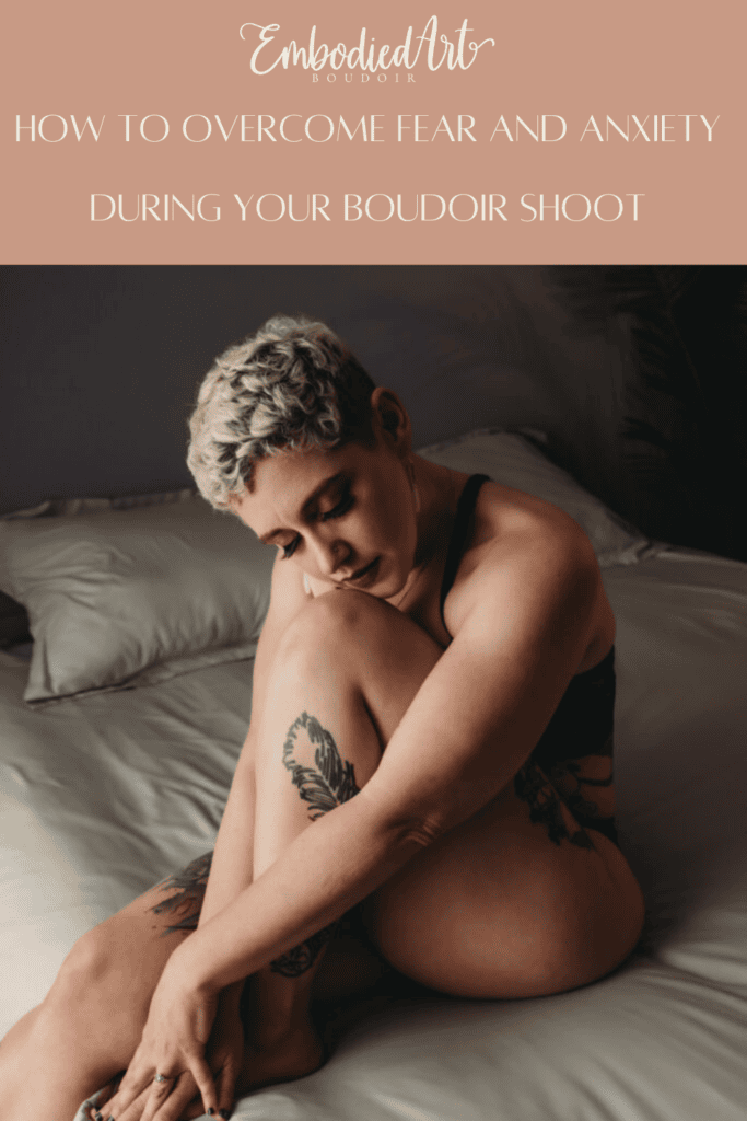 Blonde woman sitting on the bed wearing a long black bra. Photo by Embodied Art Boudoir. Overcome anxiety, overcome fear, power, confidence, self assured, beautiful, growth, self growth, self expansion, mindfulness, growth, colorado boudoir, denver boudoir, boulder boudoir, colorado springs boudoir, boudoir ideas, boudoir poses, boudoir inspiration, photography inspiration