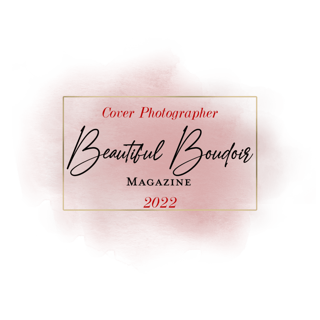 The "Cover Photographer Beautiful Boudoir Magazine 2022" logo is written on a pink watercolor background, enclosed in a gold gradient border. Featured on About Your Denver Boudoir Photographer. Colorado boudoir photographer, Denver boudoir photographer, Denver boudoir photography, Colorado boudoir photography, mindfulness, self-love
