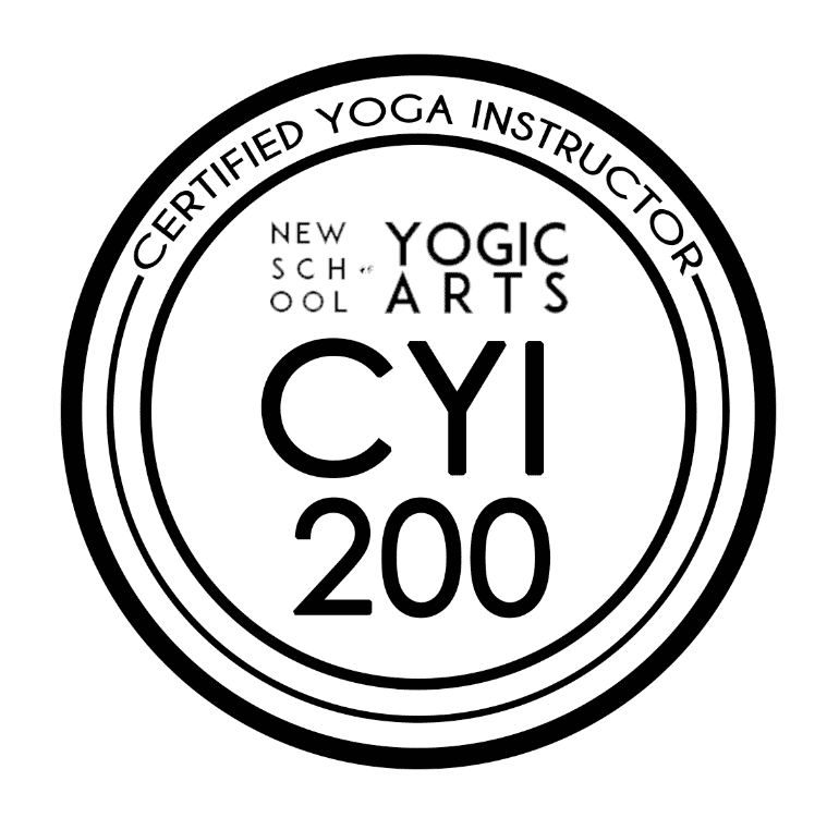 A circular black and white logo reads "Certified Yoga Instructor" on the outer ring. Inside, the text reads "New School of Yogic Arts" at the top and "CYI 200" in bold in the center. Featured on About Your Denver Boudoir Photographer. Colorado boudoir photographer, Denver boudoir photographer, Denver boudoir photography, Colorado boudoir photography, mindfulness, mindful living, self-reflection