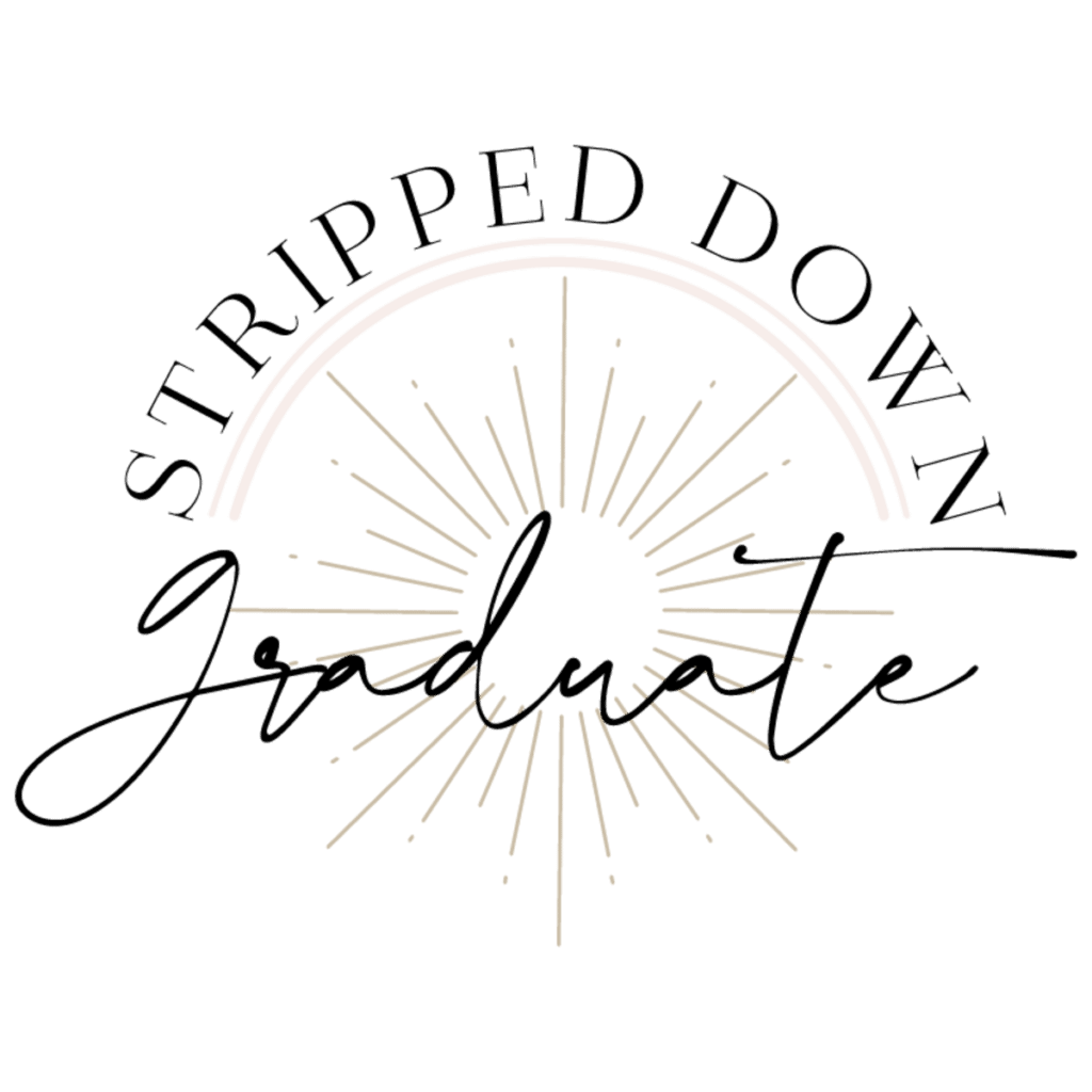The image shows a stylized, minimalist illustration of a sunburst with radiating beams of light emerging from a circle. An arc, resembling a rainbow, arches above the circle. The logo reads “Stripped Down Graduate” in black font. Featured on About Your Denver Boudoir Photographer. Colorado boudoir photographer, Denver boudoir photographer, Denver boudoir photography, Colorado boudoir photography, self-acceptance, body image, body perspective