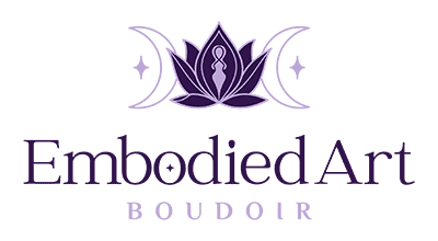 Logo of Embodied Art Boudoir in purple with lotus and moon symbols.